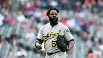 CLEVELAND, OHIO - MAY 22: Relief pitcher Fernando Rodney #56 of the Oakland Athletics leaves the game after giving up a two run home run during the eighth inning against the Cleveland Indians at Progressive Field on May 22, 2019 in Cleveland, Ohio. (Photo by Jason Miller/Getty Images)