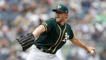 NEW YORK, NEW YORK - SEPTEMBER 01: Jake Diekman #35 of the Oakland Athletics in action against the New York Yankees at Yankee Stadium on September 01, 2019 in New York City. The Yankees defeated the A's 5-4. (Photo by Jim McIsaac/Getty Images)