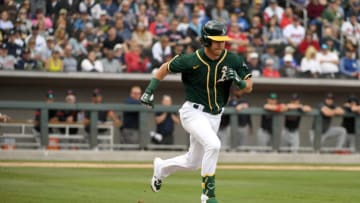 LAS VEGAS, NEVADA - FEBRUARY 29: Skye Bolt #49 0f the Oakland Athletics runs out a ground ball during an exhibition game against the Cleveland Indians at Las Vegas Ballpark on February 29, 2020 in Las Vegas, Nevada. The Athletics defeated the Indians 8-6. (Photo by Ethan Miller/Getty Images)