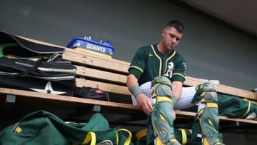 MESA, ARIZONA - MARCH 10: Catcher Austin Allen #30 of the Oakland Athletics in the dugout before the MLB spring training game against the Oakland Athletics at HoHoKam Stadium on March 10, 2020 in Mesa, Arizona. (Photo by Christian Petersen/Getty Images)
