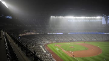 SEATTLE, WA - SEPTEMBER 14: Wildfire smoke fills the air during the second game of a doubleheader between the Seattle Mariners and Oakland Athletics at T-Mobile Park on September 14, 2020 in Seattle, Washington. The Oakland Athletics beat the Seattle Mariners 9-0. (Photo by Lindsey Wasson/Getty Images)