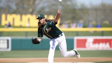 MESA, AZ - February 27: A.J. Puk #31 of the Oakland Athletics pitches during the game against the Colorado Rookies at Hohokam Stadium on February 27, 2020 in Mesa, Arizona. (Photo by Michael Zagaris/Oakland Athletics/Getty Images)