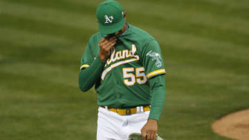 OAKLAND, CALIFORNIA - AUGUST 05: Starting pitcher Sean Manaea #55 of the Oakland Athletics leaves the game in the top of the fourth inning against the Texas Rangers at Oakland-Alameda County Coliseum on August 05, 2020 in Oakland, California. (Photo by Lachlan Cunningham/Getty Images)