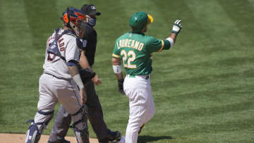 OAKLAND, CALIFORNIA - AUGUST 09: Catcher Martin Maldonado #15 of the Houston Astros steps in front of Ramon Laureano #22 of the Oakland Athletics pointing at pitcher Humberto Castellanos #72 (not pictured) after Castelllanos hit Laureano with a pitch in the bottom of the seventh inning at RingCentral Coliseum on August 09, 2020 in Oakland, California. (Photo by Thearon W. Henderson/Getty Images)