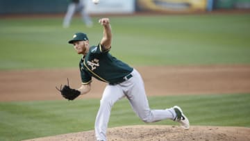 OAKLAND, CA - JULY 13: A.J. Puk #31 of the Oakland Athletics pitches during summer workouts at RingCentral Coliseum on July 13, 2020 in Oakland, California. (Photo by Michael Zagaris/Oakland Athletics/Getty Images)
