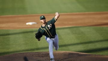 OAKLAND, CA - JULY 18: A.J. Puk #31 of the Oakland Athletics pitches during summer workouts at RingCentral Coliseum on July 18, 2020 in Oakland, California. (Photo by Michael Zagaris/Oakland Athletics/Getty Images)