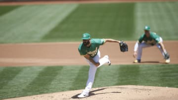 OAKLAND, CA - AUGUST 6: Mike Fiers #50 of the Oakland Athletics pitches during the game against the Texas Rangers at RingCentral Coliseum on August 6, 2020 in Oakland, California. The Athletics defeated the Rangers 6-4. (Photo by Michael Zagaris/Oakland Athletics/Getty Images)