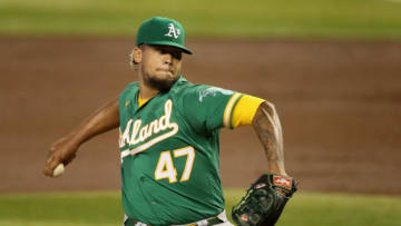PHOENIX, ARIZONA - AUGUST 18: Starting pitcher Frankie Montas #47 of the Oakland Athletics pitches against the Arizona Diamondbacks during the first inning of the MLB game at Chase Field on August 18, 2020 in Phoenix, Arizona. (Photo by Christian Petersen/Getty Images)
