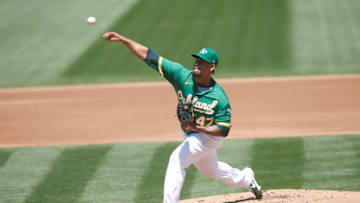 OAKLAND, CA - AUGUST 8: Frankie Montas #47 of the Oakland Athletics pitches during the game against the Houston Astros at RingCentral Coliseum on August 8, 2020 in Oakland, California. The Athletics defeated the Astros 3-1. (Photo by Michael Zagaris/Oakland Athletics/Getty Images)