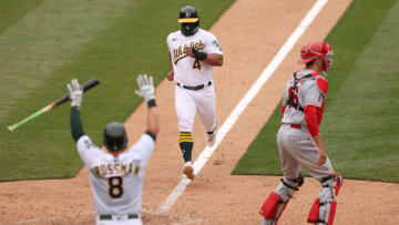 OAKLAND, CALIFORNIA - AUGUST 23: Franklin Barreto #4f of the Oakland Athletics runs home to score the winning run in the 10th inning against the Los Angeles Angels at RingCentral Coliseum on August 23, 2020 in Oakland, California. (Photo by Ezra Shaw/Getty Images)