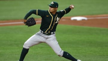 ARLINGTON, TEXAS - AUGUST 24: Jesus Luzardo #44 of the Oakland Athletics throws against the Texas Rangers in the second inning at Globe Life Field on August 24, 2020 in Arlington, Texas. (Photo by Ronald Martinez/Getty Images)