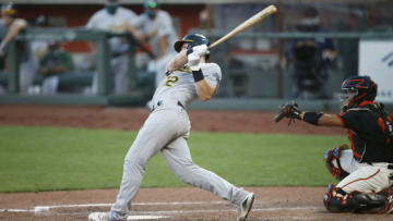 SAN FRANCISCO, CA - AUGUST 15: Sean Murphy #12 of the Oakland Athletics hits a some run during the game against the San Francisco Giants at Oracle Park on August 15, 2020 in San Francisco, California. The Athletics defeated the Giants 7-6. (Photo by Michael Zagaris/Oakland Athletics/Getty Images)