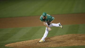 OAKLAND, CA - AUGUST 19: Liam Hendriks #16 of the Oakland Athletics pitches during the game against the Arizona Diamondbacks at RingCentral Coliseum on August 19, 2020 in Oakland, California. The Athletics defeated the Diamondbacks 4-1. (Photo by Michael Zagaris/Oakland Athletics/Getty Images)