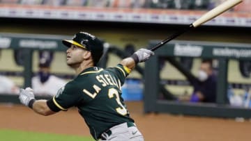 HOUSTON, TEXAS - AUGUST 29: Tommy La Stella #3 of the Oakland Athletics pops out to left field in the first inning against the Houston Astros during game two of a doubleheader at Minute Maid Park on August 29, 2020 in Houston, Texas. (Photo by Bob Levey/Getty Images)