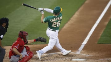 OAKLAND, CA - AUGUST 21: Matt Chapman #26 of the Oakland Athletics bats during the game against the Los Angeles Angels at RingCentral Coliseum on August 21, 2020 in Oakland, California. The Athletics defeated the Angels 5-3. (Photo by Michael Zagaris/Oakland Athletics/Getty Images)