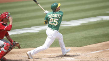OAKLAND, CA - AUGUST 22: Stephen Piscotty #25 of the Oakland Athletics bats during the game against the Los Angeles Angels at RingCentral Coliseum on August 22, 2020 in Oakland, California. The Angels defeated the Athletics 4-3. (Photo by Michael Zagaris/Oakland Athletics/Getty Images)