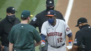 OAKLAND, CALIFORNIA - SEPTEMBER 07: Manager Dusty Baker #12 of the Houston Astros talks to Manager Bob Melvin #6 of the Oakland Athletics before their game at Oakland-Alameda County Coliseum on September 07, 2020 in Oakland, California. (Photo by Lachlan Cunningham/Getty Images)