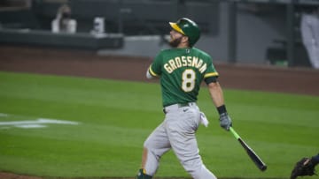 SEATTLE, WA - SEPTEMBER 14: Robbie Grossman #8 of the Oakland Athletics follows through on an RBI single during the third inning against the Seattle Mariners in the second game of a doubleheader at T-Mobile Park on September 14, 2020 in Seattle, Washington. The Oakland Athletics beat the Seattle Mariners 9-0. (Photo by Lindsey Wasson/Getty Images)