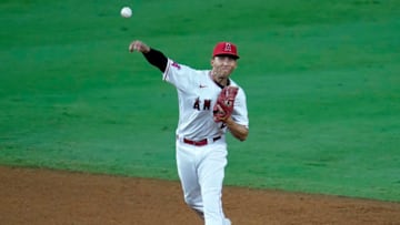ANAHEIM, CA - SEPTEMBER 15: Andrelton Simmons #2 of the Los Angeles Angels makes a throw to first base while playing the Arizona Diamondbacks at Angel Stadium of Anaheim on September 15, 2020 in Anaheim, California. (Photo by John McCoy/Getty Images)