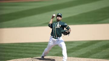 OAKLAND, CA - SEPTEMBER 5: Joakim Soria #48 of the Oakland Athletics pitches during the game against the San Diego Padres at RingCentral Coliseum on September 5, 2020 in Oakland, California. The Athletics defeated the Padres 8-4. (Photo by Michael Zagaris/Oakland Athletics/Getty Images)