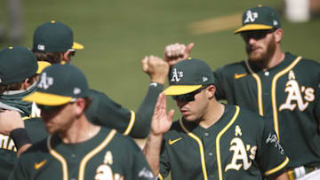 OAKLAND, CA - SEPTEMBER 5: Ramón Laureano #22 of the Oakland Athletics celebrates with teammates following the game against the San Diego Padres at RingCentral Coliseum on September 5, 2020 in Oakland, California. The Athletics defeated the Padres 8-4. (Photo by Michael Zagaris/Oakland Athletics/Getty Images)