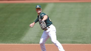 OAKLAND, CA - SEPTEMBER 5: Matt Chapman #26 of the Oakland Athletics fields during the game against the San Diego Padres at RingCentral Coliseum on September 5, 2020 in Oakland, California. The Athletics defeated the Padres 8-4. (Photo by Michael Zagaris/Oakland Athletics/Getty Images)