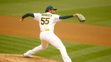OAKLAND, CA - SEPTEMBER 10: Sean Manaea #55 of the Oakland Athletics pitches during the game against the Houston Astros at RingCentral Coliseum on September 10, 2020 in Oakland, California. The Athletics defeated the Astros 3-1. (Photo by Michael Zagaris/Oakland Athletics/Getty Images)