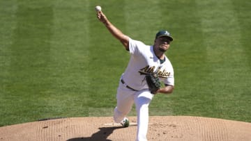 OAKLAND, CALIFORNIA - SEPTEMBER 27: Frankie Montas #47 of the Oakland Athletics pitches against the Seattle Mariners in the top of the first inning at RingCentral Coliseum on September 27, 2020 in Oakland, California. (Photo by Thearon W. Henderson/Getty Images)