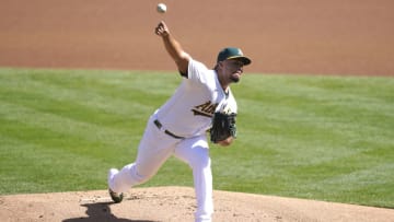 OAKLAND, CALIFORNIA - SEPTEMBER 27: Frankie Montas #47 of the Oakland Athletics pitches against the Seattle Mariners in the top of the first inning at RingCentral Coliseum on September 27, 2020 in Oakland, California. (Photo by Thearon W. Henderson/Getty Images)