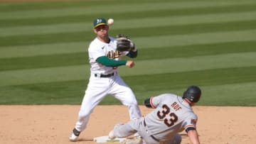 OAKLAND, CA - SEPTEMBER 19: Tommy La Stella #3 of the Oakland Athletics turns two during the game against the San Francisco Giants at RingCentral Coliseum on September 19, 2020 in Oakland, California. The Athletics defeated the Giants 6-0. (Photo by Michael Zagaris/Oakland Athletics/Getty Images)
