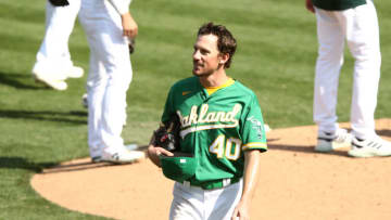 OAKLAND, CALIFORNIA - SEPTEMBER 30: Chris Bassitt #40 of the Oakland Athletics is taken out of their game against the Chicago White Sox in the eighth inning of Game Two of the American League wild card series at RingCentral Coliseum on September 30, 2020 in Oakland, California. (Photo by Ezra Shaw/Getty Images)