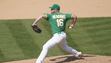 OAKLAND, CALIFORNIA - SEPTEMBER 30: Liam Hendriks #16 of the Oakland Athletics pitches against the Chicago White Sox during the eighth inning of Game Two of the American League Wild Card Round at RingCentral Coliseum on September 30, 2020 in Oakland, California. (Photo by Thearon W. Henderson/Getty Images)