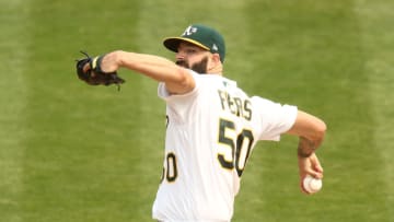 OAKLAND, CALIFORNIA - OCTOBER 01: Mike Fiers #50 of the Oakland Athletics pitches against the Chicago White Sox in the first inning of Game Three of the American League wild card series at RingCentral Coliseum on October 01, 2020 in Oakland, California. (Photo by Ezra Shaw/Getty Images)