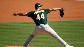 LOS ANGELES, CALIFORNIA - OCTOBER 07: Jesus Luzardo #44 of the Oakland Athletics throws against the Houston Astros in Game Three of the American League Division Series at Dodger Stadium on October 07, 2020 in Los Angeles, California. (Photo by Kevork Djansezian/Getty Images)