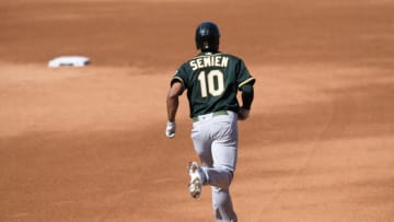 LOS ANGELES, CALIFORNIA - OCTOBER 07: Marcus Semien #10 of the Oakland Athletics rounds the bases after hitting a solo home run against the Houston Astros during the fifth inning in Game Three of the American League Division Series at Dodger Stadium on October 07, 2020 in Los Angeles, California. (Photo by Harry How/Getty Images)