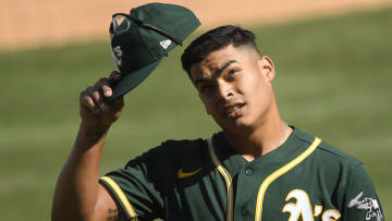 LOS ANGELES, CALIFORNIA - OCTOBER 07: Jesus Luzardo #44 of the Oakland Athletics tips his hat as he leaves the game during the fifth inning against the Houston Astros in Game Three of the American League Division Series at Dodger Stadium on October 07, 2020 in Los Angeles, California. (Photo by Kevork Djansezian/Getty Images)