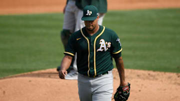 LOS ANGELES, CALIFORNIA - OCTOBER 08: Frankie Montas #47 of the Oakland Athletics leaves the game during the fourth inning against the Houston Astros in Game Four of the American League Division Series at Dodger Stadium on October 08, 2020 in Los Angeles, California. (Photo by Kevork Djansezian/Getty Images)
