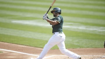 OAKLAND, CA - SEPTEMBER 20: Marcus Semien #10 of the Oakland Athletics bats during the game against the San Francisco Giants at RingCentral Coliseum on September 20, 2020 in Oakland, California. The Giants defeated the Athletics 14-2. (Photo by Michael Zagaris/Oakland Athletics/Getty Images)