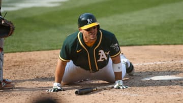 OAKLAND, CA - SEPTEMBER 20: Ramón Laureano #22 of the Oakland Athletics gets up after being hit by a pitch during the game against the San Francisco Giants at RingCentral Coliseum on September 20, 2020 in Oakland, California. The Giants defeated the Athletics 14-2. (Photo by Michael Zagaris/Oakland Athletics/Getty Images)