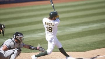 OAKLAND, CA - SEPTEMBER 29: Chad Pinder #18 of the Oakland Athletics bats during Game One of the Wild Card Round against the Chicago White Sox at RingCentral Coliseum on September 29, 2020 in Oakland, California. The White Sox defeated the Athletics 4-1. (Photo by Michael Zagaris/Oakland Athletics/Getty Images)