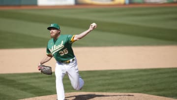 OAKLAND, CA - SEPTEMBER 30: Jake Diekman #35 of the Oakland Athletics pitches during the game against the Chicago White Sox at RingCentral Coliseum on September 30, 2020 in Oakland, California. The Athletics defeated the White Sox 5-3. (Photo by Michael Zagaris/Oakland Athletics/Getty Images)