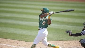 OAKLAND, CA - SEPTEMBER 30: Khris Davis #2 of the Oakland Athletics bats during the game against the Chicago White Sox at RingCentral Coliseum on September 30, 2020 in Oakland, California. The Athletics defeated the White Sox 5-3. (Photo by Michael Zagaris/Oakland Athletics/Getty Images)