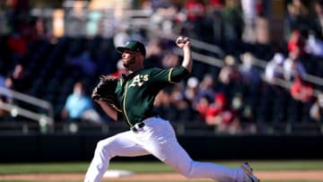MESA, ARIZONA - MARCH 01: Nik Turley #23 of the Oakland Athletics in action during a preseason game against the Cincinnati Reds at Hohokam Stadium on March 01, 2021 in Mesa, Arizona. (Photo by Carmen Mandato/Getty Images)