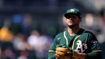 MESA, ARIZONA - MARCH 01: Vimael Machin #39 of the Oakland Athletics in action during a preseason game against the Cincinnati Reds at Hohokam Stadium on March 01, 2021 in Mesa, Arizona. (Photo by Carmen Mandato/Getty Images)