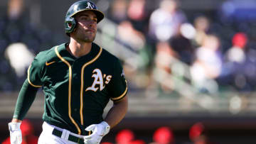 MESA, ARIZONA - MARCH 01: Matt Olson #28 of the Oakland Athletics in action during a preseason game against the Cincinnati Reds at Hohokam Stadium on March 01, 2021 in Mesa, Arizona. (Photo by Carmen Mandato/Getty Images)