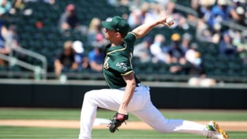 MESA, AZ - MARCH 10: Chris Bassitt #40 of the Oakland Athletics pitches during the game against the Milwaukee Brewers at Hohokam Park on March 10, 2021 in Mesa, Arizona. The Athletics defeated the Brewers 9-1. (Photo by Rob Leiter/MLB Photos via Getty Images)