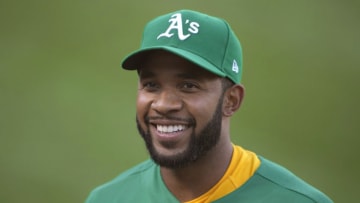 OAKLAND, CALIFORNIA - APRIL 16: Elvis Andrus #17 of the Oakland Athletics looks on smiling prior to the start of his game against the Detroit Tigers at RingCentral Coliseum on April 16, 2021 in Oakland, California. (Photo by Thearon W. Henderson/Getty Images)