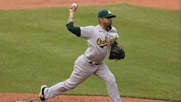 BALTIMORE, MARYLAND - APRIL 25: Sergio Romo #54 of the Oakland Athletics pitches against the Baltimore Orioles at Oriole Park at Camden Yards on April 25, 2021 in Baltimore, Maryland. (Photo by Patrick Smith/Getty Images)