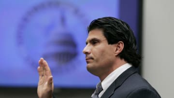 WASHINGTON - MARCH 17: Former Major League Baseball player Jose Canseco is sworn in during a House Committee hearing investigating steroid use in baseball on Capitol Hill March 17, 2005 in Washington, DC. Major League Baseball (MLB) Commissioner Allen "Bud" Selig will give testimony regarding MLB?s efforts to eradicate steriod usage among its players. (Photo by Win McNamee/Getty Images)