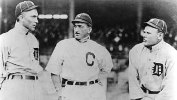 CLEVELAND - 1913. Detroit Tiger stars Ty Cobb, left, and Sam Crawford, right, talk with Joe Jackson of the Cleveland Indians before a game at League Park in Cleveland in 1913. (Photo by Mark Rucker/Transcendental Graphics, Getty Images)